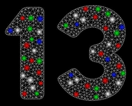 Bright mesh 13 number text with lightspot effect. white wire frame polygonal mesh in vector format on a black background. abstract 2d mesh designed with polygonal grid, round dots,