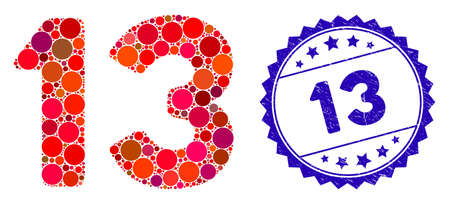 Collage 13 number text icon and grunge stamp watermark with 13 phrase. mosaic vector is formed with 13 number text icon and with random circle spots. 13 stamp uses blue color, and grunged texture.