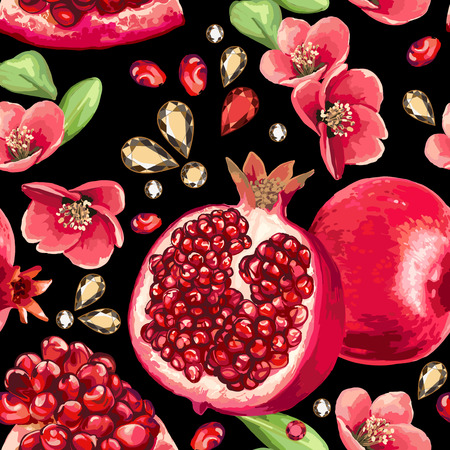 ザクロの果実と黒の背景の花のイラスト素材 ベクタ Image ザクロの果実と黒の背景の花のイラスト素材 ベクタ Image