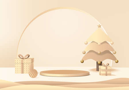 New years minimal rendered stand 3d with gold tree and podium product. christmas tree background vector 3d rendering with gold podium. stand to show product. stand product showcase on christmas gold