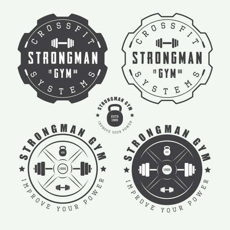 Set of gym logos, labels and slogans in vintage style