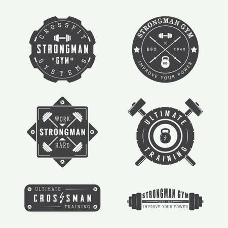 Set of gym vector logos, labels and slogans in vintage style