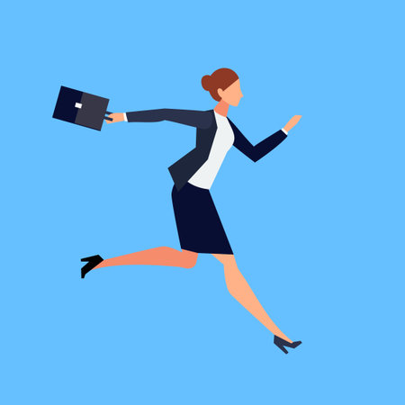 彼女の手でブリーフケースを持つビジネス女性は手遅れし 急いで Lat でスタイルは青の背景に分離ベクトル図です のイラスト素材 ベクタ Image