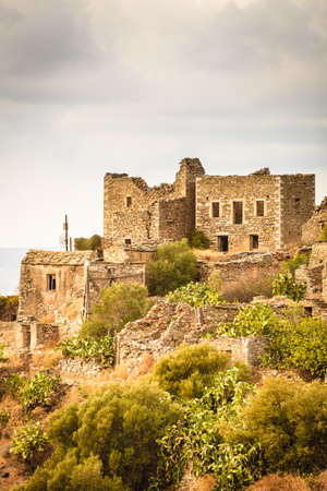 Greece vatheia village. old abandoned tower houses in vathia mani peninsula, laconia peloponnese europe. Stock Photo