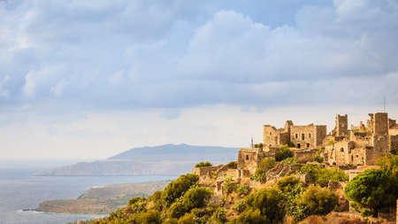 Greece vatheia village. old abandoned tower houses in vathia mani peninsula, laconia peloponnese europe. Stock Photo