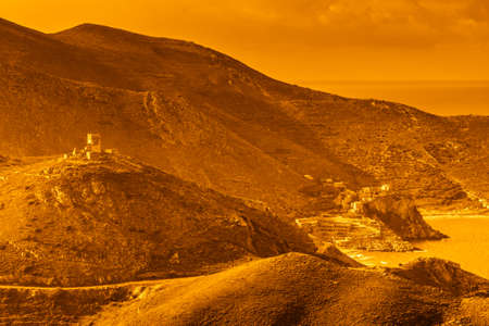 Greece mani peninsula. sea landscape rocky coastline with old stone tower houses, peloponnese.