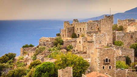 Greece vatheia village. old abandoned tower houses in vathia mani peninsula, laconia peloponnese europe. Stock Photo