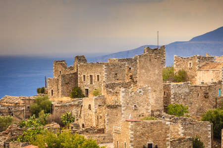 Greece vatheia village. old abandoned tower houses in vathia mani peninsula, laconia peloponnese europe.