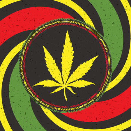 Yelllow cannabis leaf in black circle with strips on rastafarian grunge background