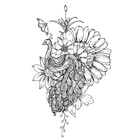 Ink doodle peacock and flowers on white background. coloring page - design for adults, poster, print, t-shirt, invitation
