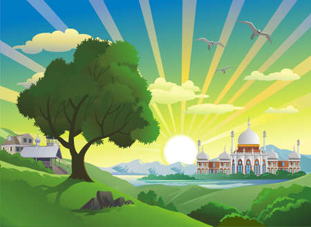 風景 湖のアラブの宮殿 ベクトル図のイラスト素材 ベクタ Image 風景 湖のアラブの宮殿 ベクトル図のイラスト素材 ベクタ Image