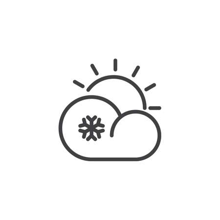 雲の雪の太陽線アイコン アウトラインベクトル記号 白に分離された線形スタイルのピクトグラム 雪片と曇りの天気シンボル ロゴイラスト 編集可能なストロークのイラスト素材 ベクタ Image