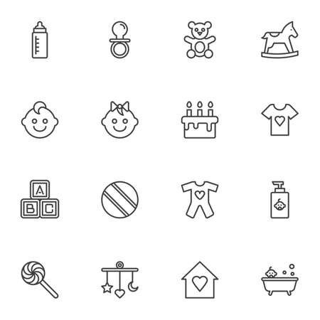 Baby items line icons set, outline vector symbol collection, linear style pictogram pack. signs, illustration. set includes icons as bear soft toy, pacifier, feeding bottle, bath, boy and girl