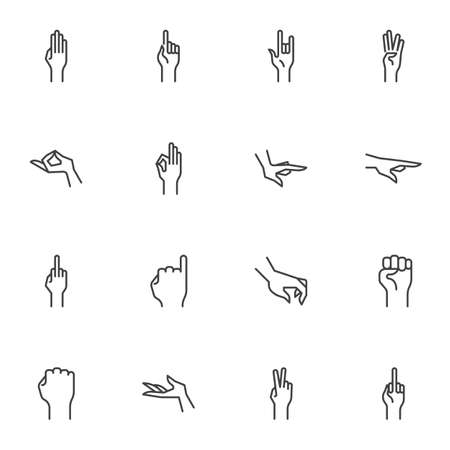 Human hand gestures line icons set, outline vector symbol collection, linear style pictogram pack. signs, logo illustration. set includes icons as arm fist up, hand ok sign, one finger pointing, palm
