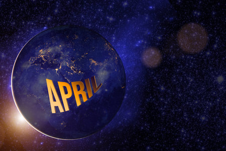 April. Month, Calendar Month.earth Globe Planet With Sunrise And Calendar Day.