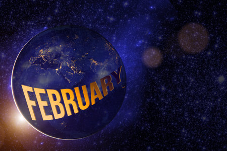 February. Month, Calendar Month.earth Globe Planet With Sunrise And Calendar Day.