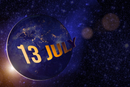 July 13rd. Day 13 Of Month, Calendar Date. Earth Globe Planet With Sunrise And Calendar Day.