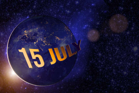 July 15th. Day 15 Of Month, Calendar Date. Earth Globe Planet With Sunrise And Calendar Day.