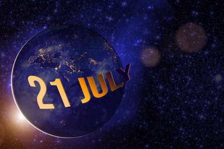 July 21st. Day 21 Of Month, Calendar Date. Earth Globe Planet With Sunrise And Calendar Day.