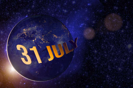 July 31st. Day 31 Of Month, Calendar Date. Earth Globe Planet With Sunrise And Calendar Day.