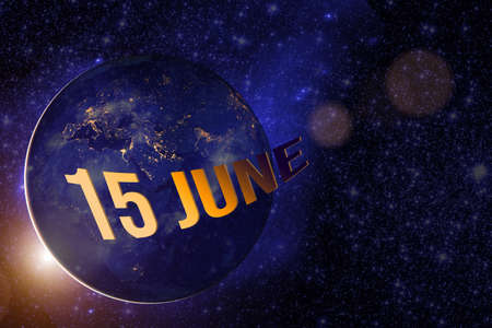 June 15th. Day 15 Of Month, Calendar Date. Earth Globe Planet With Sunrise And Calendar Day.