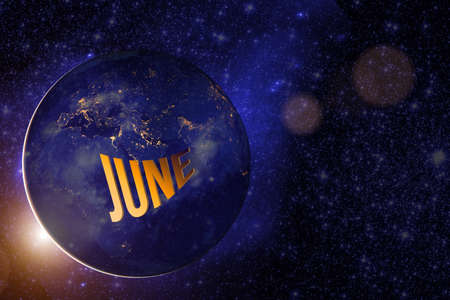 June. Month, Calendar Month.earth Globe Planet With Sunrise And Calendar Day.