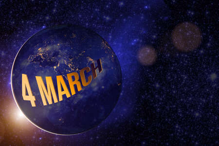 March 4th. Day 4 Of Month, Calendar Date. Earth Globe Planet With Sunrise And Calendar Day.