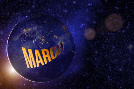 March. Month, Calendar Month.earth Globe Planet With Sunrise And Calendar Day.