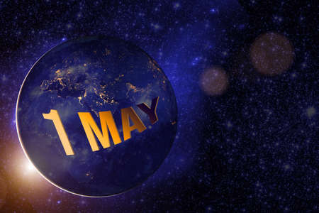 May 1st. Day 1 Of Month, Calendar Date. Earth Globe Planet With Sunrise And Calendar Day.