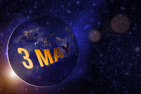 May 3rd. Day 3 Of Month, Calendar Date. Earth Globe Planet With Sunrise And Calendar Day.