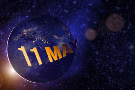 May 11st. Day 11 Of Month, Calendar Date. Earth Globe Planet With Sunrise And Calendar Day.