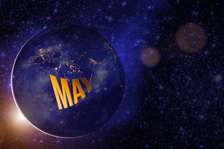 May. Month, Calendar Month.earth Globe Planet With Sunrise And Calendar Day.