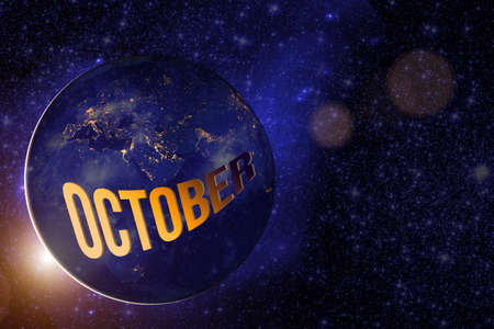 October. Month, Calendar Month.earth Globe Planet With Sunrise And Calendar Day.