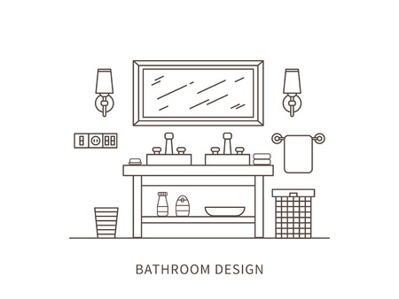 モダンなデザイナー バスルーム ミラー 棚 タオル ランプ 洗面台と内部空間の線形フラット インテリア デザイン イラスト バスルームのインテリア デザインのアウトライン ベクトル グラフィックのコンセプト のイラスト素材 ベクタ Image モダンなデザイナー バスルーム ミラー 棚 タオル ランプ 洗面台と内部空間の線形フラット インテリア デザイン イラスト バスルームのインテリア デザインのアウトライン ベクトル グラフィックのコンセプト のイラスト素材 ベクタ Image