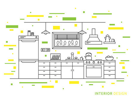 食器棚 棚 コンロ ランプ 冷蔵庫と現代のデザイナーのキッチン インテリア空間の線形フラット インテリア デザイン イラスト キッチンのインテリア デザインのベクター グラフィックの概念を概説します のイラスト素材 ベクタ Image 食器棚 棚 コンロ ランプ 冷蔵庫と現代のデザイナーのキッチン インテリア空間の線形フラット インテリア デザイン イラスト キッチンのインテリア デザインのベクター グラフィックの概念を概説します のイラスト素材 ベクタ Image