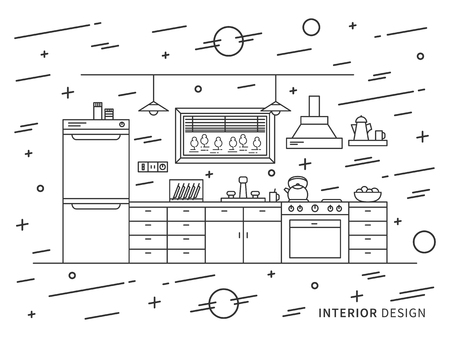 食器棚 棚 コンロ ランプ 冷蔵庫と現代のデザイナーのキッチン インテリア空間の線形フラット インテリア デザイン イラスト キッチンのインテリア デザインのアウトライン ベクトル グラフィックのコンセプト のイラスト素材 ベクタ Image 食器棚 棚 コンロ ランプ 冷蔵庫と現代のデザイナーのキッチン インテリア空間の線形フラット インテリア デザイン イラスト キッチンのインテリア デザインのアウトライン ベクトル グラフィックのコンセプト のイラスト素材 ベクタ Image