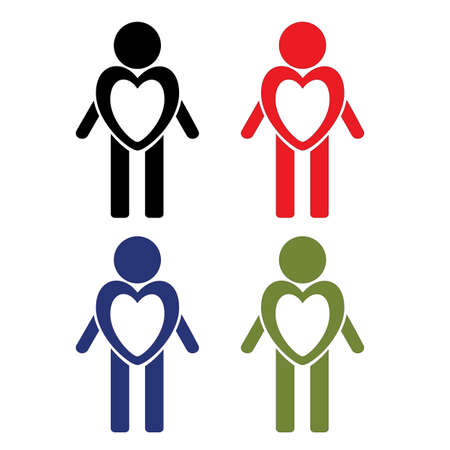 A set of men in different colors with a dedicated heart. Icons: Love, health and assistance
