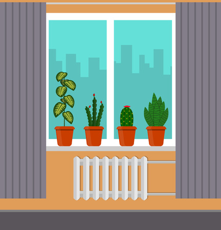 窓の上の鉢に部屋の植物 窓のブラインド フラットスタイルの窓ベクトルイラストの外側の街並み のイラスト素材 ベクタ Image