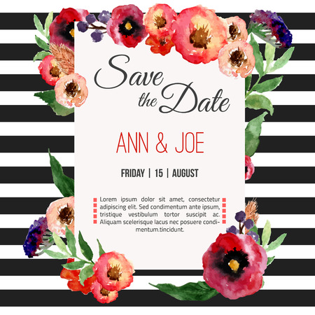 Vector watercolor template save the date with floral frame, leaves. Artistic vector design for banners, greeting cards,sales, posters