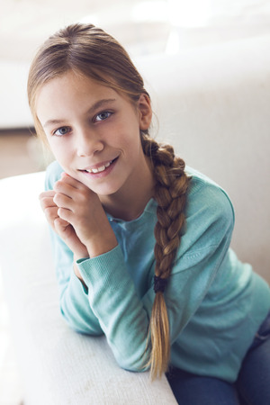 Home Portrait Of Cute Pre Teen Girl Stock Photo Home Portrait Of Cute Pre Teen Girl Stock Photo