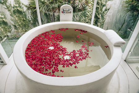 luxury hotel bath with tropical flowers, spa decoration stock luxury hotel bath with tropical flowers, spa decoration stock