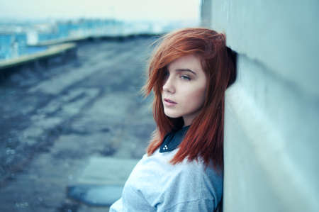 sad lonely: beautiful girl in the street Stock Photo