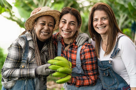 Agricultores felices divirtiéndose trabajando en la plantación de bananos - concepto de estilo de vida de la gente de la granja