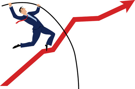 Businessman pole vaulting over a rising graph