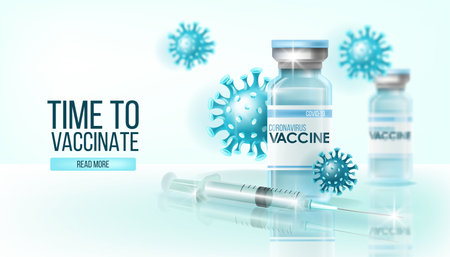 Coronavirus vaccine medical global pandemic background with bottles, syringe, reflections. virus prevention, covid-19 treatment, cure scientific health concept. coronavirus vaccine vector illustration