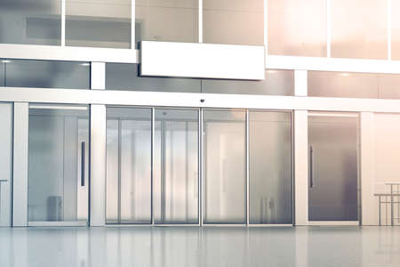 Leere Weisse Runde Beschilderung Mockup Auf Dem Speicher Glas Schiebeturen Eingang 3d Rendering Gewerbliche Gebaude Automatische Eingabe Banner Mock Up Geschlossene Transparente Business Center Fassade Vorderansicht Lizenzfreie Fotos Bilder Und