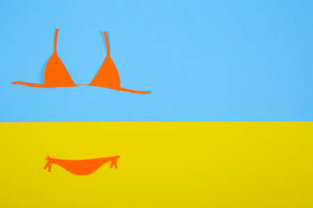 青と黄色の背景にオレンジ色の紙ビキニ水着 否定的なスペースと最小限の夏カラフルなフラット レイアウト ビーチのコンセプトです の写真素材 画像素材 Image 青と黄色の背景にオレンジ色の紙ビキニ水着 否定的なスペースと最小限の夏カラフルなフラット レイアウト ビーチのコンセプトです の写真素材 画像素材 Image