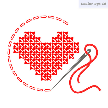 Vector cross stich heart with needle and string. isolated on white background. element for logo, print, emblem, design, etc.