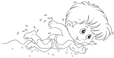 little boy swimming in sea water on a beach on a sunny summer day black and white outline vector illustration in a cartoon style for a coloring book clip art libres de little boy swimming in sea water on a