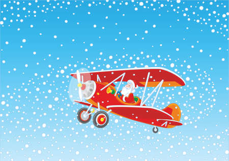 christmas background with santa claus flying his old wood airplane